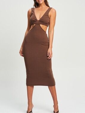 Plunging Twist Cutout Midi Dress - Brown